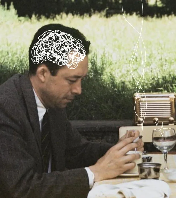 Portrait of Albert Camus seated at an outdoor table, overlaid with white lines drawn on the image.