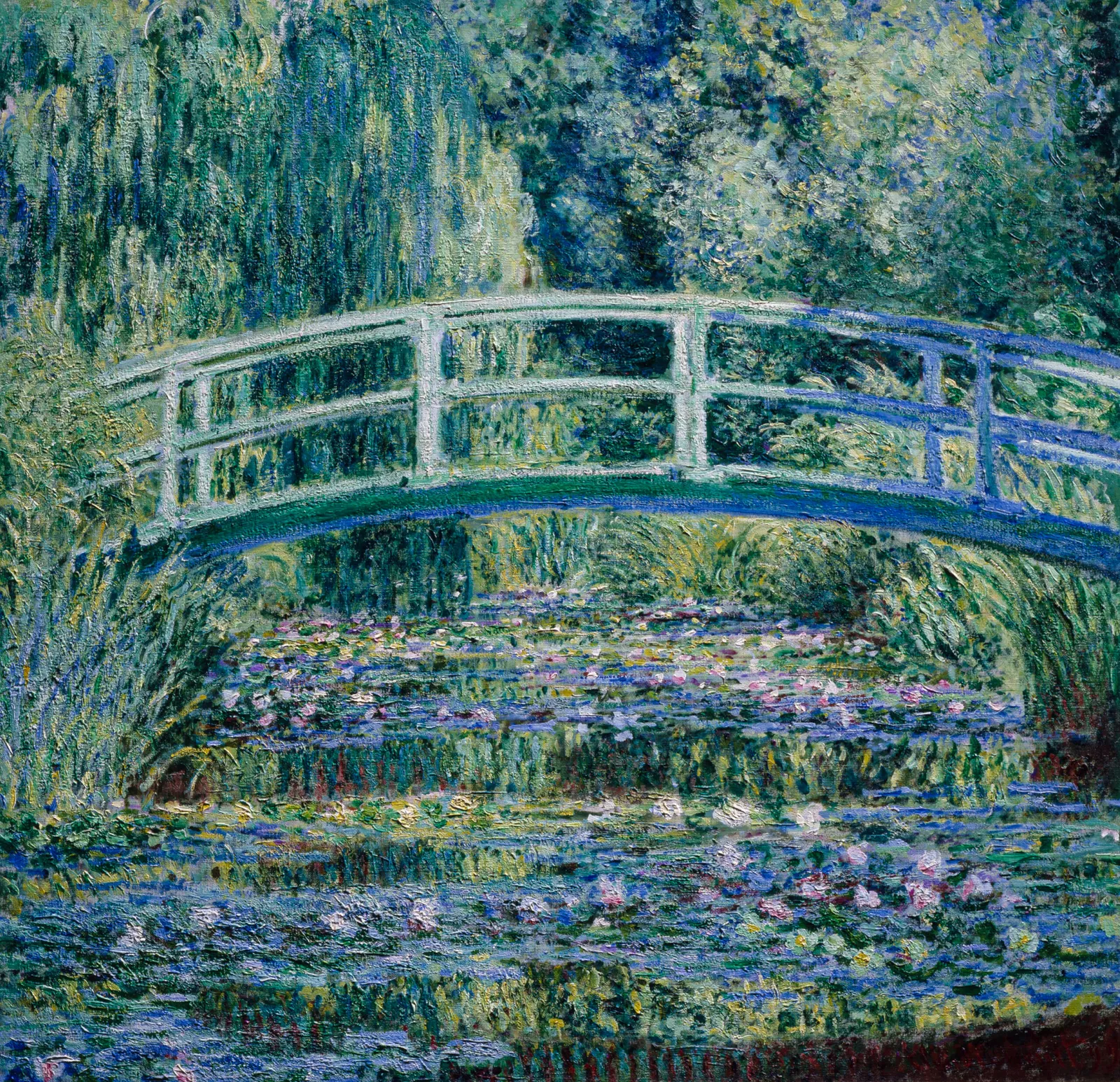 Bridge over a Pond of Water Lilies, by Claude Monet: a green Japanese bridge over a pond covered in water lilies.
